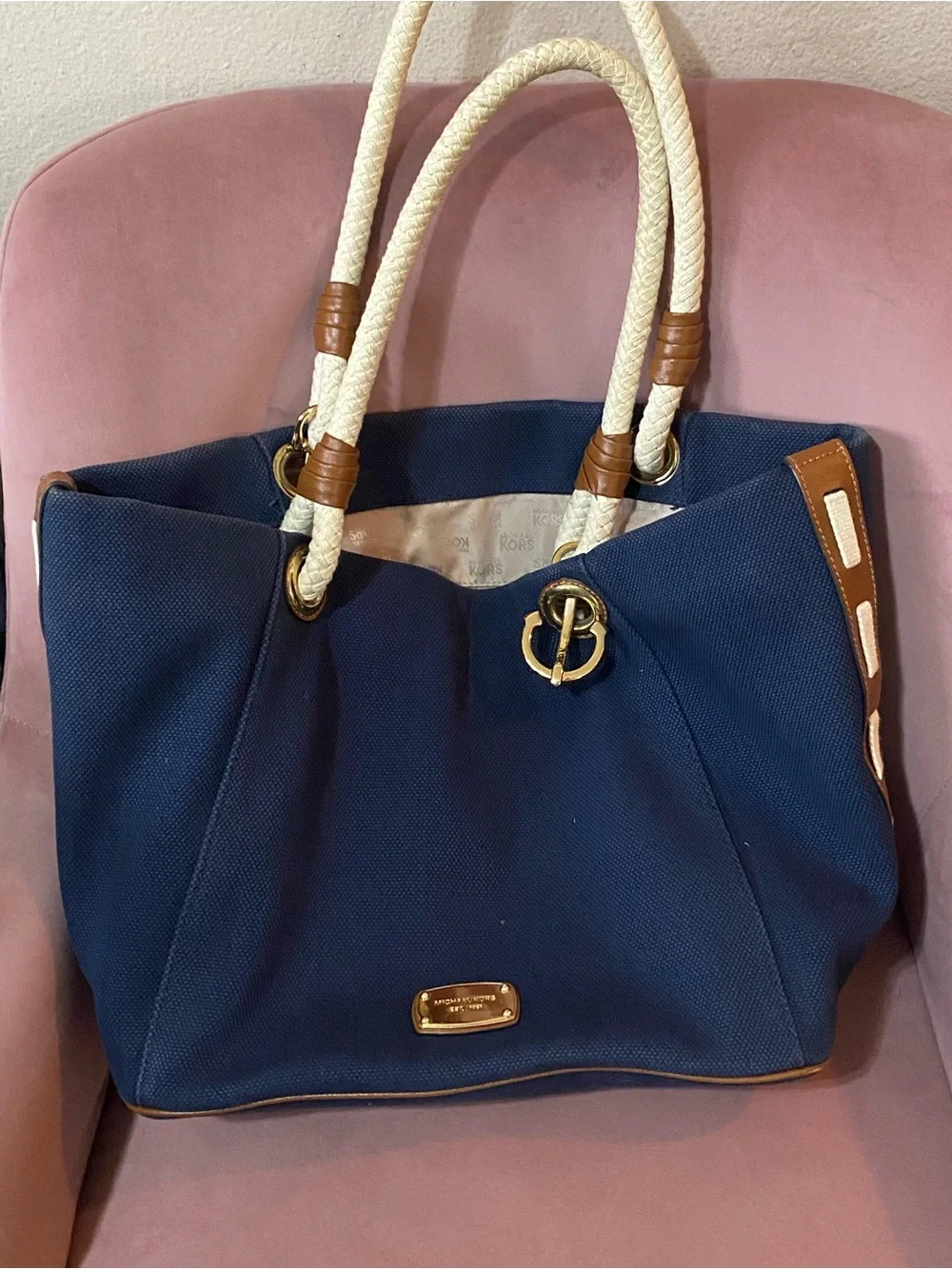 Michael Kors Navy Canvas Tote with Cream Rope Handles and Gold Hardware